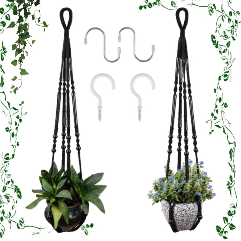 NEW Black Woven Rope Beaded Plant Pot Hangers (Set of 2) - Picture 1 of 7